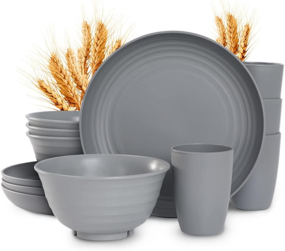 12pcs Plastic Wheat Straw Dinnerware Sets, Wheat Straw Plates and Bowls Sets for 4 College Dorm Room Essentials Microwave Dishwasher Safe (Gray)
