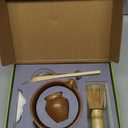 LAMU 7 Pcs Ceramic Matcha Set, Bamboo Matcha Kit for Tea Lovers with Bowl, Whisk, Holder, Scoop, Rest, Sifter, Tea Towel