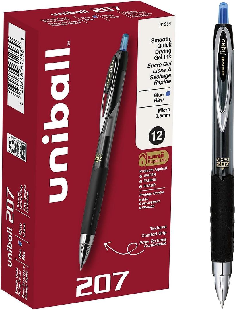 uni-ball 61256 Signo Gel 207 Roller Ball Retractable Gel Pen Blue Ink Micro Fine Dozen
