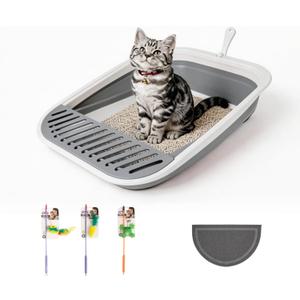 Pawise Foldable Cat Litter Box, Low Entry Collapsible Cat Litter Box with Scoop, Travel Pet Potty Pan & Anti-Splash Toilet for Kittens, Senior Cats & Disabled Cats (with Cat Teaser & Litter Mat Grey)