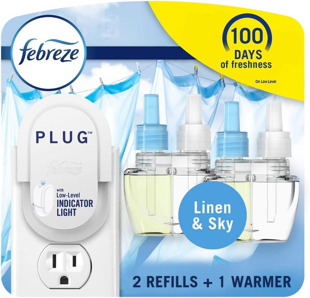Febreze Plug In Air Freshener, Odor-Fighting Scented Oil Starter Kit, Air Fresheners for Home and Bathroom and Kitchen, Long Lasting for Strong Odors, Linen & Sky Scent, Warmer + 2 Refill 1.74 Fl Oz (Pack of 1)