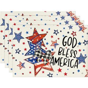 Artoid Mode God Bless America Stars Patriotic 4th of July Placemats Set of 4, 12x18 Inch Memorial Day Table Mats for Dining Decoration