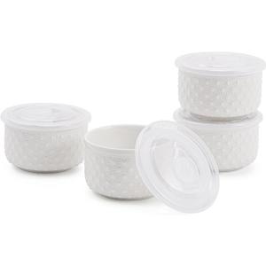 10 oz Set of 4 Oven-Safe Porcelain Ramekins with Lids, Large White Souffle and Creme Brulee Baking Dishes, Ramekin Bowls for Sauce and Dessert