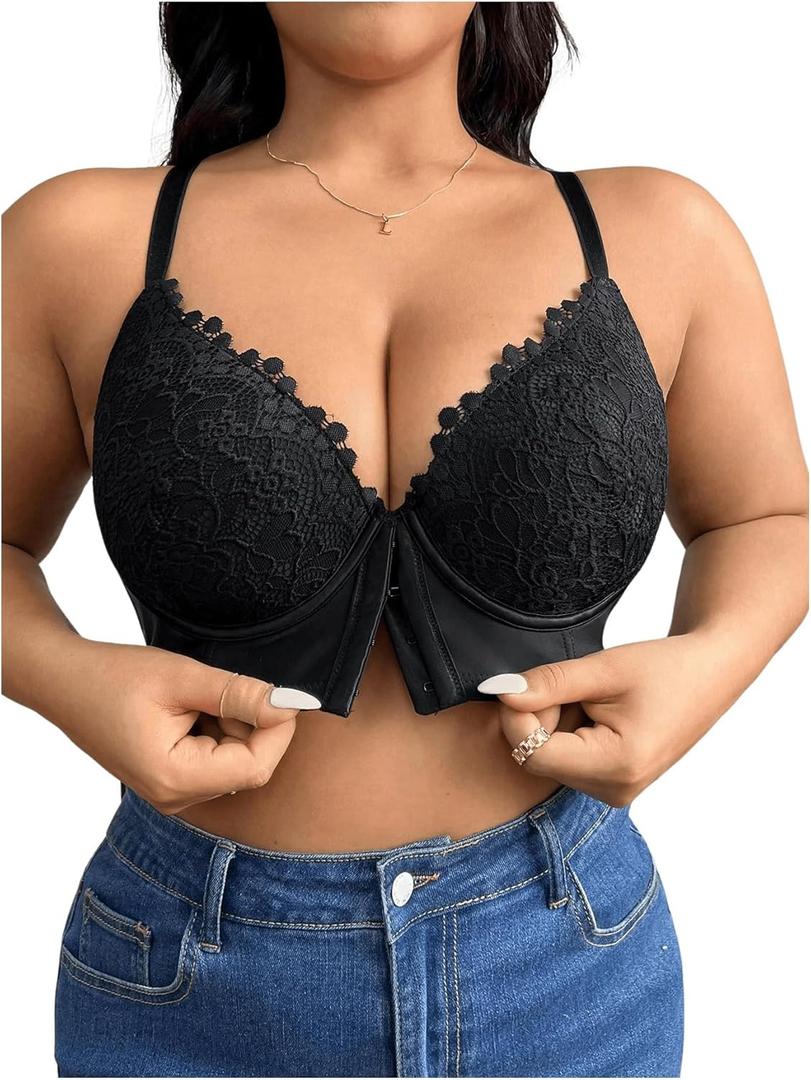 WDIRARA Women's Plus Size Front Closure Lace Bralette V Neck Push Up Sexy Bras High Support Bra (3X-Large Plus, Black)