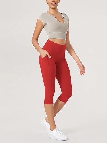 ODODOS High Waist Workout Capris with Pockets for Women, 14" / 19" Tummy Control Yoga Capri Leggings, Large, Red