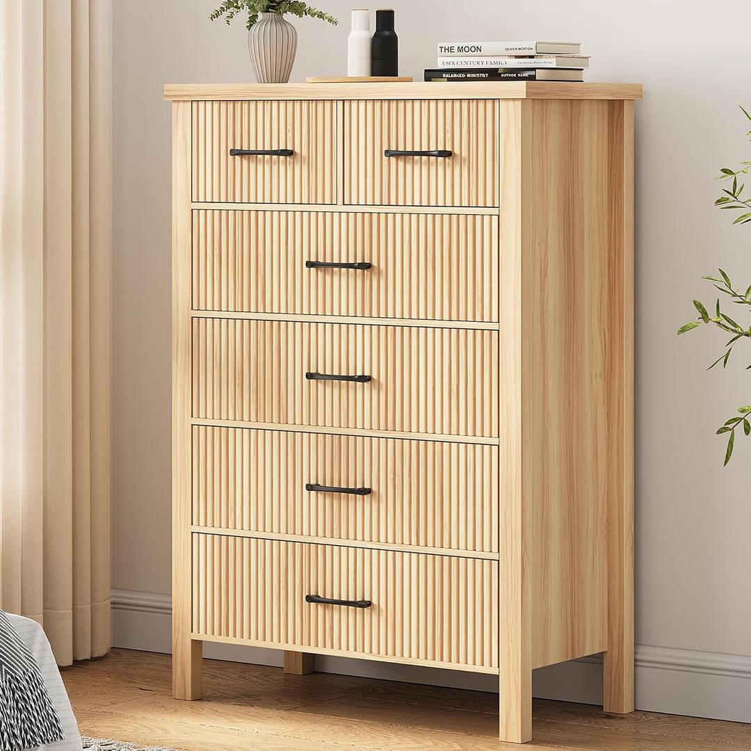 Jocoevol Fluted 6 Drawers Dresser for Bedroom, Tall Boho Chest of Drawers with Metal Handle, Wooden Closet Clothes Storage Organizer for Living Room, Hallway (Natural Oak)