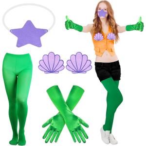 3Pcs Halloween Mermaid Costume Accessories Include Shell Decoration Starfish Mask Green Stretch Gloves Pantyhose for Adult Women Men Halloween Character Cosplay Dress Up Role-playing Party Favor