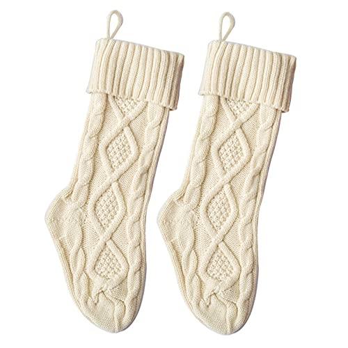 Guojanfon Cable Knit Christmas Stockings Kits Solid Color White Ivory Classic Decorations 18" (18inch 2PCS, White)