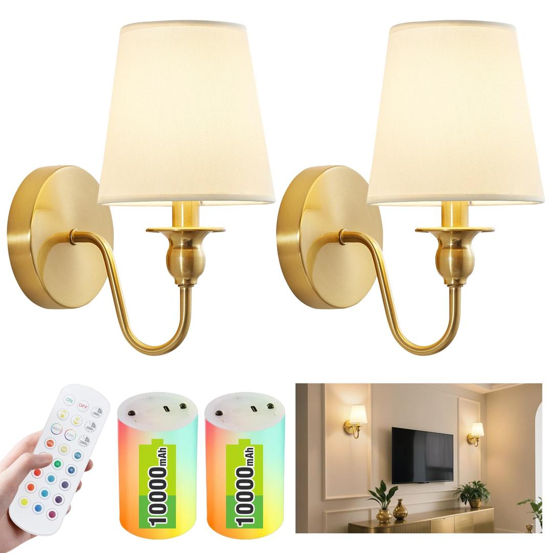 Battery Operated Wall Sconce Set of 2,Wireless Wall Sconces with 10000 mAh,RGB Rechargeable Sconces with Remote,Cordless Wall Lights for Bedroom,Living Room,Bathroom,Renter Friendly Home Decor (Gold)