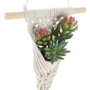 Macrame Wall Hanging with Artificial Succulent Plants, White Cotton Rope, Wooden Dowel, Boho Wall Decor (Succulent 1Pcs)