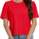 YUCOLEN Women Summer Short Sleeve Crop Tops Loose UPF50+ Breathable Crewneck Cropped T Shirts Solid Baisc Tees Workout Tops Tomato Red, S