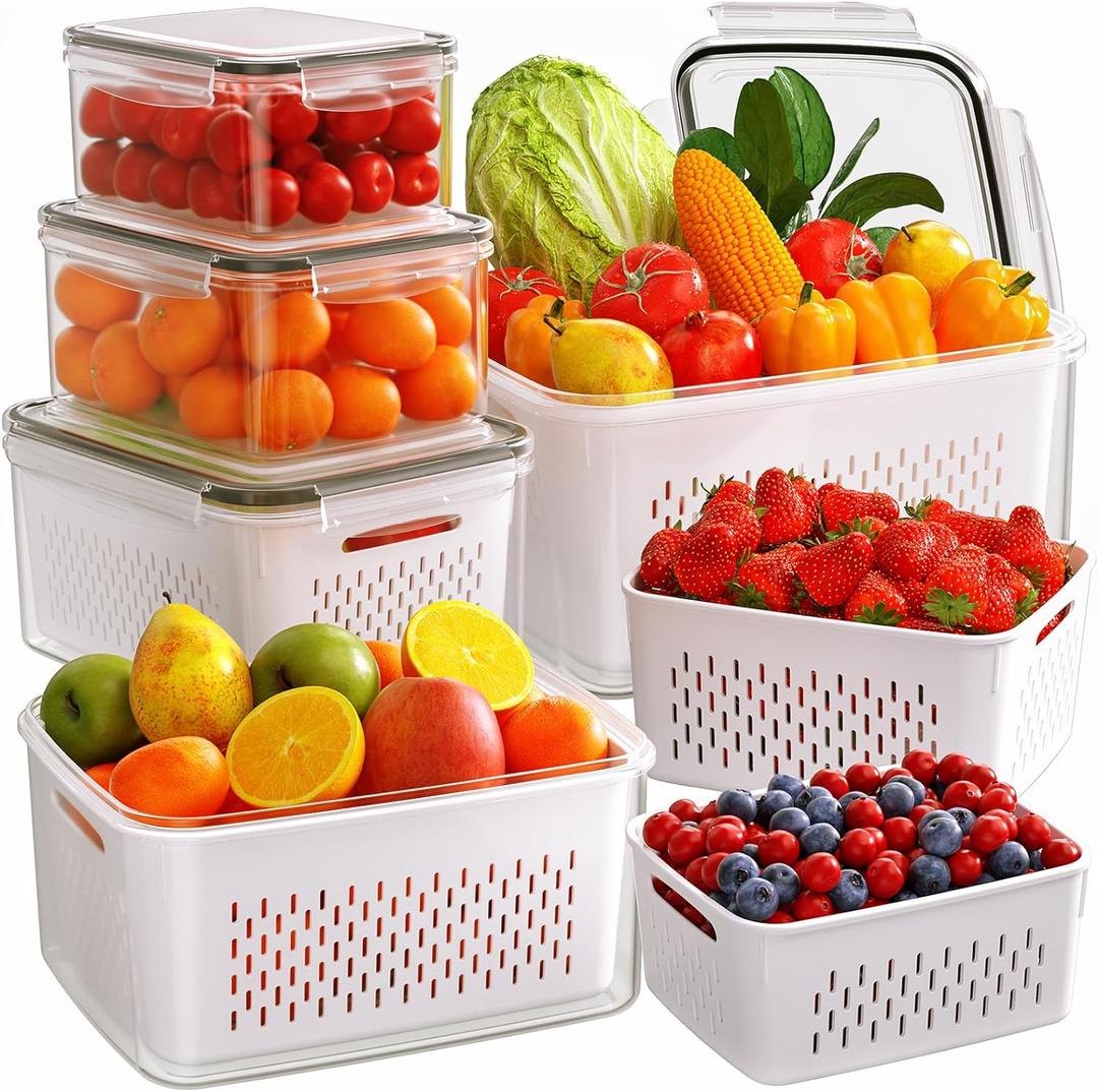 6 x 6 PCS Fruit Storage Containers for Fridge with Removable Colanders, 6 Plastic Food Storage Containers with 6 Lids, Leakproof Produce Containers Keep Fruits, Vegetables, Berry, Meat Fresh Longer