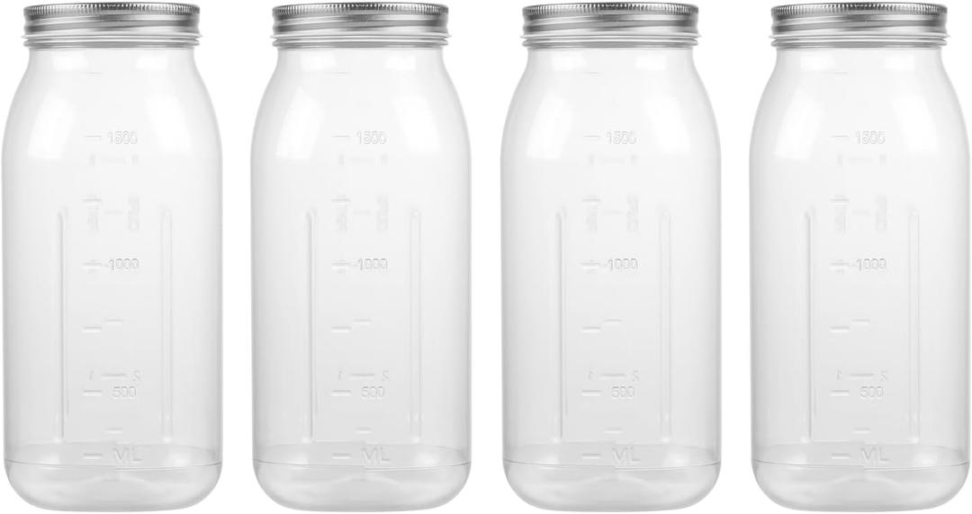64 Ounce Clear Plastic Mason Jars With Screw On Lid, Reusable Empty Jars for Food Storage, BPA Free Containers for Sealing, Dry Food, Snacks, Candies, Breakage-proof, (Silver - 4 Pack)