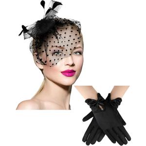 Geyoga 50s Fascinator Hat for Women Funeral Veil Hat Pillbox Cocktail Tea Party Headpiece and Lace Glove (Black)