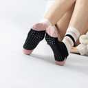 Verdancy Yoga Pilates Socks with Grips for Women Non Slip Striped Cushioned Crew Socks for Barre Ballet Dance (White/Pink-Lucky)