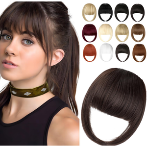 Clip in Bangs, Synthetic French Bangs Hair Clip, Medium Brown Fake Bangs Fringe with Temples Hairpieces for Women Natural Curved Hair Extensions for Daily Wear