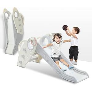 Onasti Kids Slide for Toddlers Age 1-3 Indoor Baby Plastic Slide Outdoor Climber Freestanding Playset with Basketball Hoop & Ring Game Grey