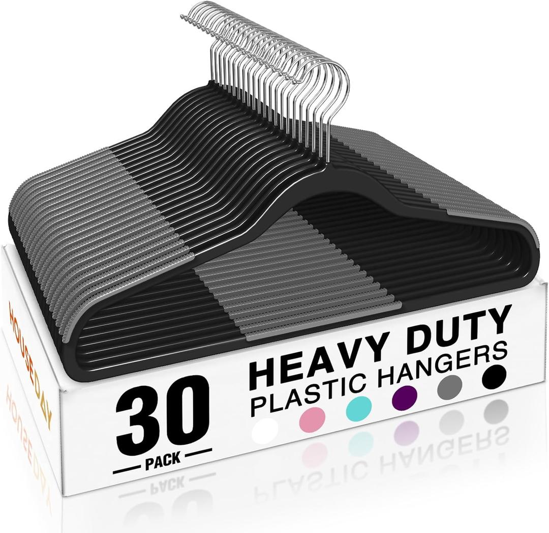 HOUSE DAY Heavy Duty Plastic Hangers 30 Pack, Non Slip Clothes Hangers with Rubber Pads and 360 Hook - Thin 0.2 Inch, Space Saving Coat Hanger Black, Closet Organizer for Shirt, Pants, Suit, Skirt