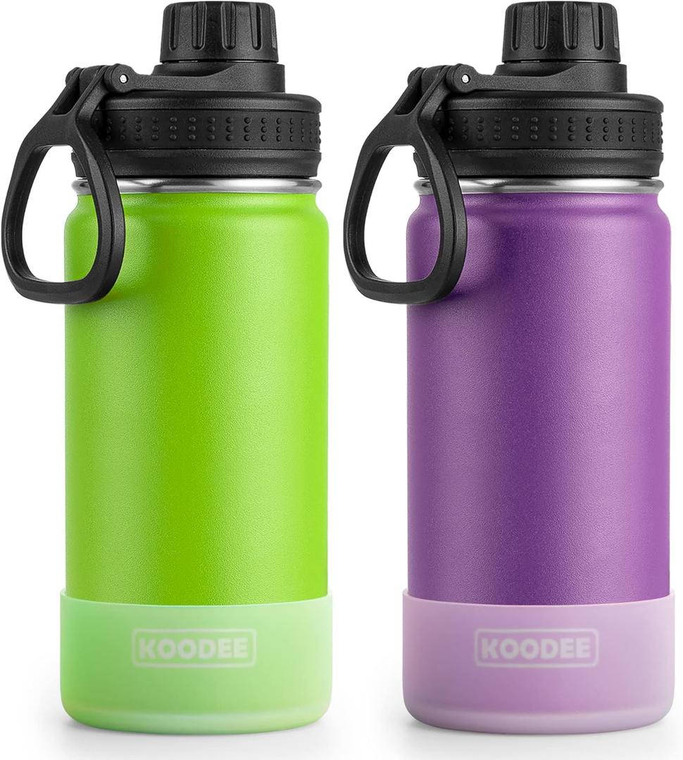 Koodee Stainless Steel Vacuum Insulated Metal Water Bottle - 16 oz, 2 Pack (Apple Green-Purple) for Girls, Sports, School
