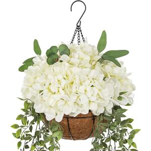 Hollyone 13" Fake Hanging Plants Flowers White Hydrangea Artificial Flowers Arrangements Large in Hanging Basket UV Resistant Silk Flower Plant Faux Hydrangea Flower with Pot Outdoor Indoor Decor
