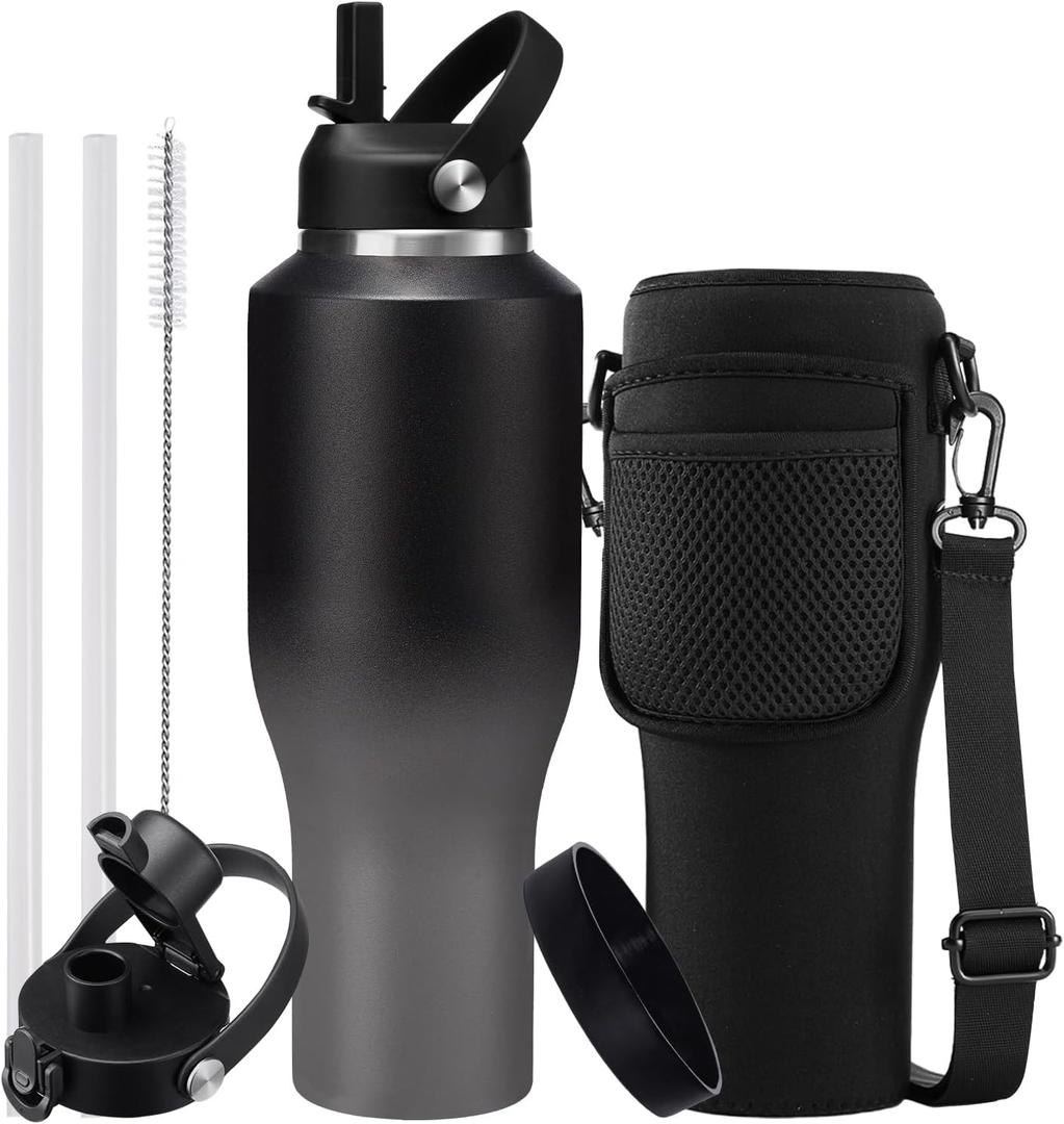 Insulated WaterBottle 40oz with Handle  Vacuum Metal Water Flask with Straws & Sleeve, Stainless Steel Coffee Tumblers Travel Mug, Keep Cold for 48 Hrs, Hot for 24 Hrs