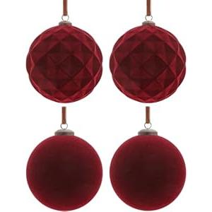 4Pcs Extra Large Velvet Christmas Ball Ornaments 6" Burgundy Flocked Ornaments Set for Christmas Tree with 10Pcs Velvet Bows Shatterproof Xmas Hanging Decorations for Home Office Holiday Décor