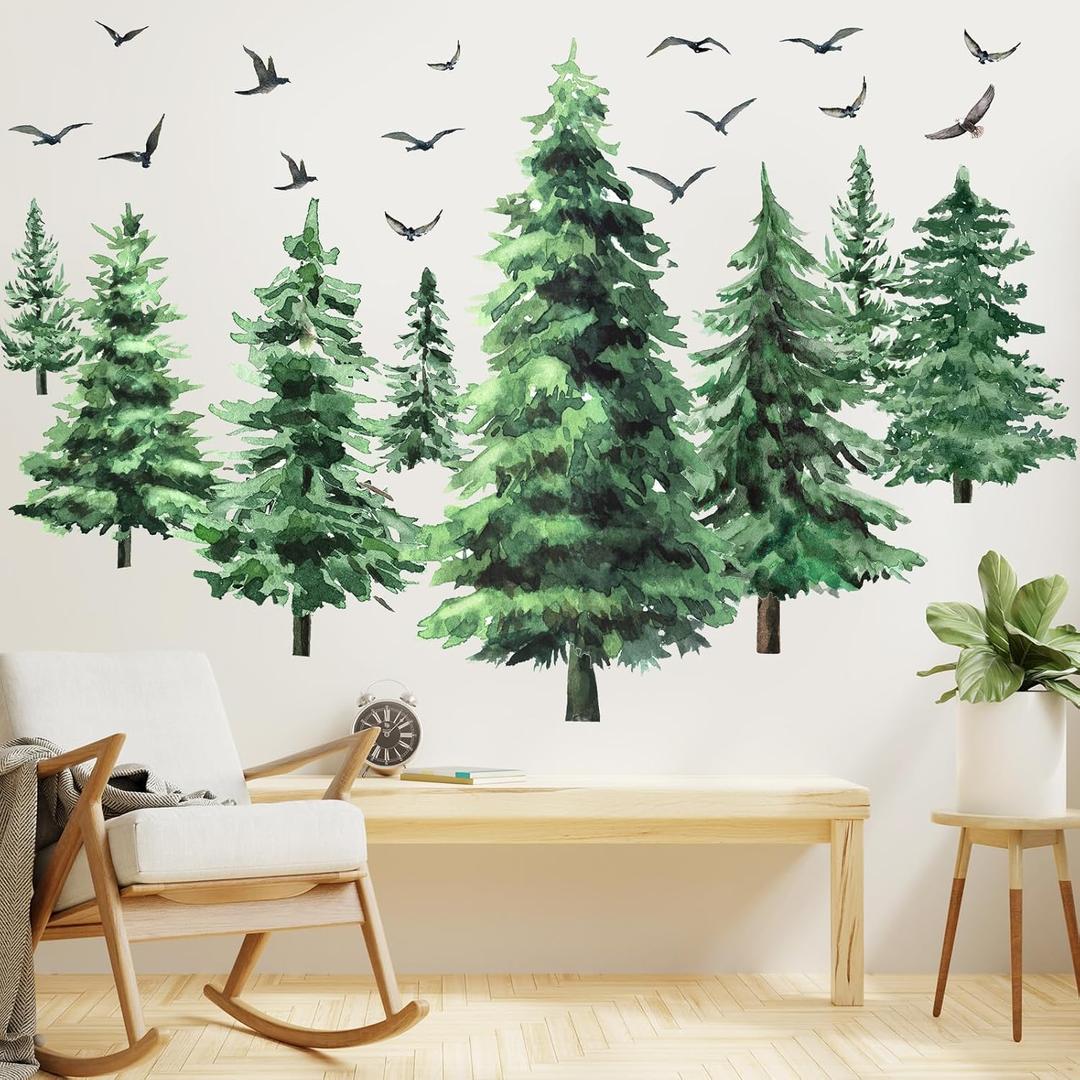 Qilery Large Pine Tree Wall Decals Winter Tree Wall Decal Watercolor Peel and Stick Forest Stickers Woodland Birds Branch Sticker for Nursery Bedroom Living Room(Classic Style)