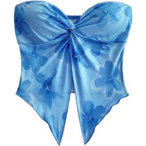 SHENHE Women's Floral Crop Tube Top Twist Front Strapless Split Asymmetrical Boho Flowy Bandeau (Blue, S)