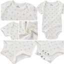 Baby Boy Girl Short Sleeve Bodysuits New Born 100% Cotton Clothes 5-Pack 0-12M (6-9 Months, Khaki+light Blue Lapel+card Stripe)