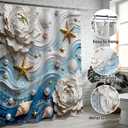 DDQQ 3D Waves and Starfish Shower Curtains with Rugs, Seashells and Pearl Accents Bathroom Sets with Shower Curtain and Rugs, White Flower Shower Curtains for Bathroom Toilet Lid Cover
