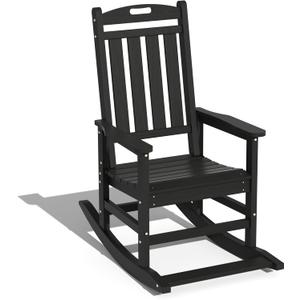 LOUNZY Outdoor Rocking Chair, HDPE Patio Rocking Chair with Footboard for Adults, All Weather Heavy Duty Front Porch Rocker, Black (Set of 1)