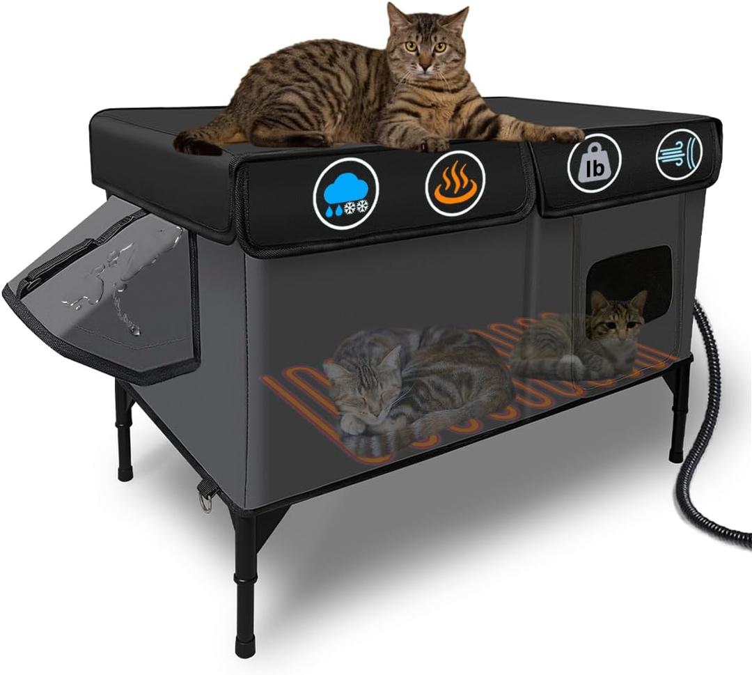 Heated Cat House for Outside Insulated in Winter,Super Large,Fully Waterproof,Adjustable Awning,Escape Door,Indoor Outdoor Cat Shelter for Feral Stray Barn Cat to Stay Warm&Dry,Black/Gray,L Size