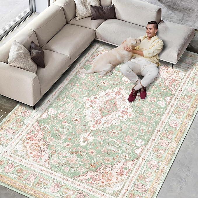 Vhong Washable Area Rugs Boho Vintage Modern Neutral Large Carpet Green and Pink High Traffic Rugs 8×10 for Dinning Room Living Room Bedroom Farmhouse Non Slip