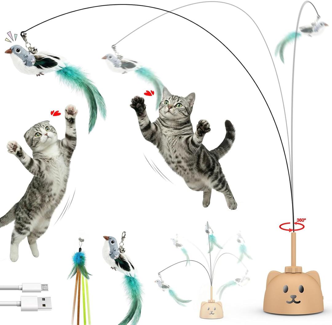 Interactive Cat Toys for Indoor Cats: Upgraded 360 Automatic Spin Flying Bird Feather Wand with Silicone Protected Rod Safe Play, Strong 8cm Suction Cup, USB-Rechargeable for Bored Kittens and Adult (Brown)