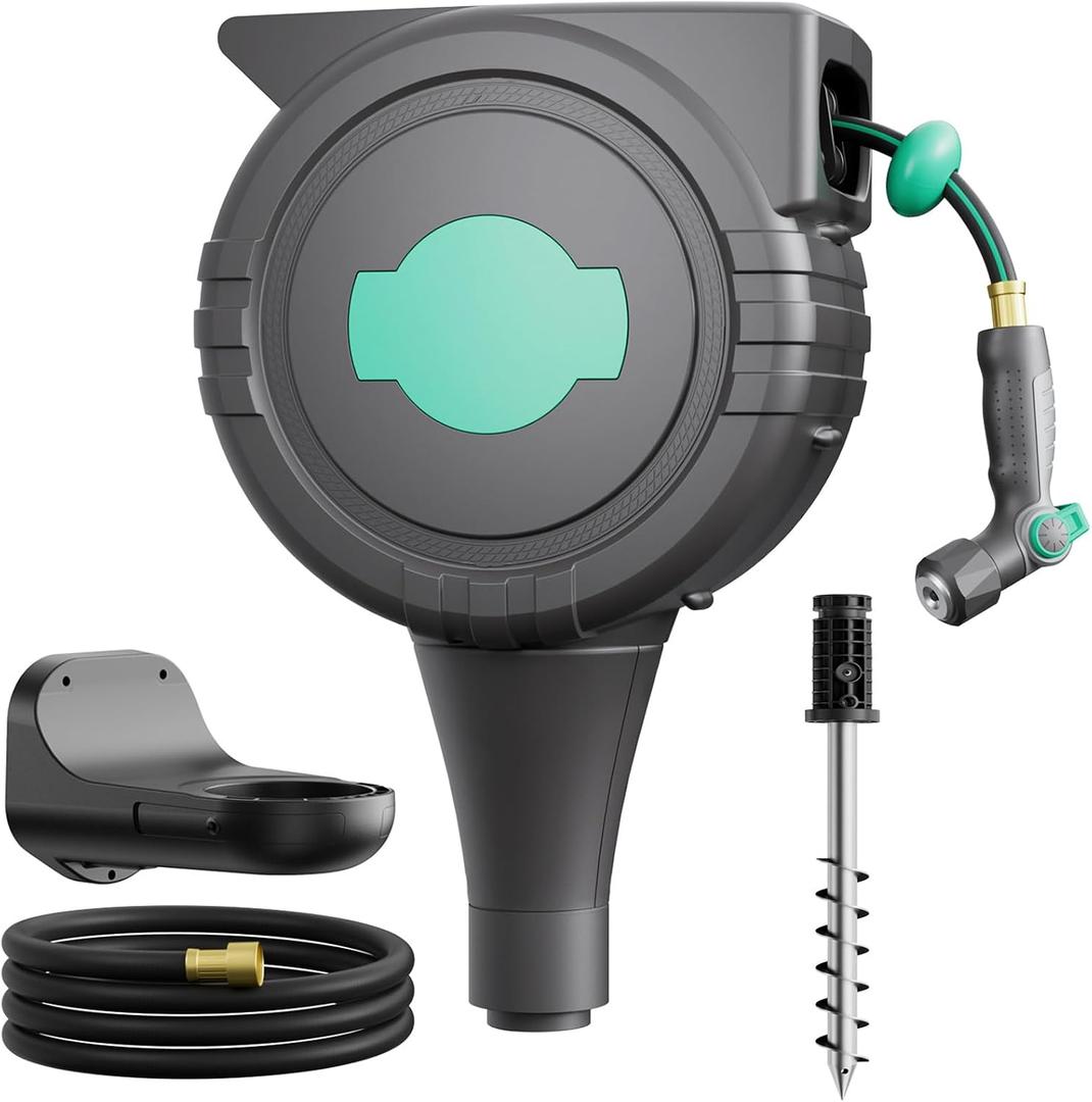 Automatic Retractable Garden Hose Reel 1/2" x 82 ft 180 Wall Mounted Hose Reel & 360 Swivel Ground Mounted on Metal Spike, Any Length Lock Hose Reel with 4 Modes Nozzle, Slow Return, UV Resistant
