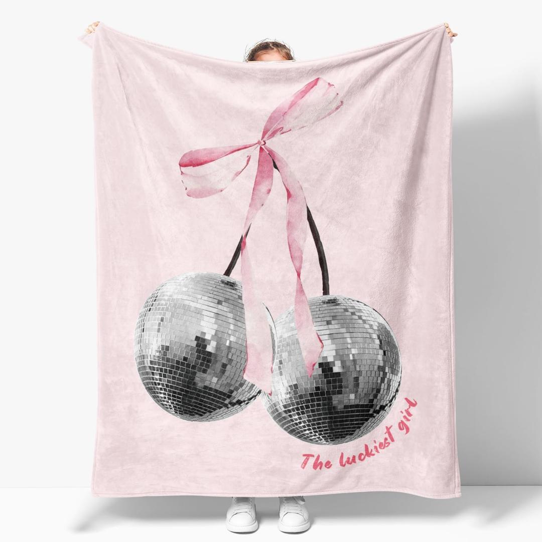 Preppy Pink Cherry Bow Throw Blanket, Retro Disco Ball Soft Fluffy Blanket, Coquette Pink Christmas Blanket Gift for Women Girls Couch Sofa Bedroom Room, 50x60 Inches