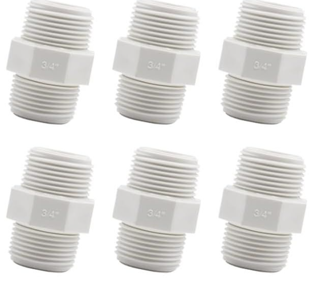 6PCS 3/4 Inch PVC Pipe Fitting Hex Nipple G3/4 Male X G3/4 Male Coupling Adaptor of Thread Plumbing PIPE Connection HE023-3/4