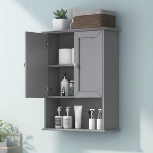 Grey Wall Mounted Bathroom Cabinet 24x30 Inch Wooden Over Toilet Storage Cabinet with 2 Doors, Above Toilet Medicine Cabinets for Bathroom Laundry Room Bedroom Kitchen (24x30 Silver Handle+Open Space)