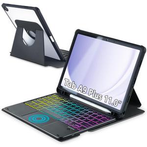 Touchpad Keyboard Case for Samsung Galaxy Tab A9 Plus 11 inch SM-X210/X215/X216, 360 Degree Rotating Cover with Color Backlight Magnetic Removable Keyboard for Tablet A9+ (Black)