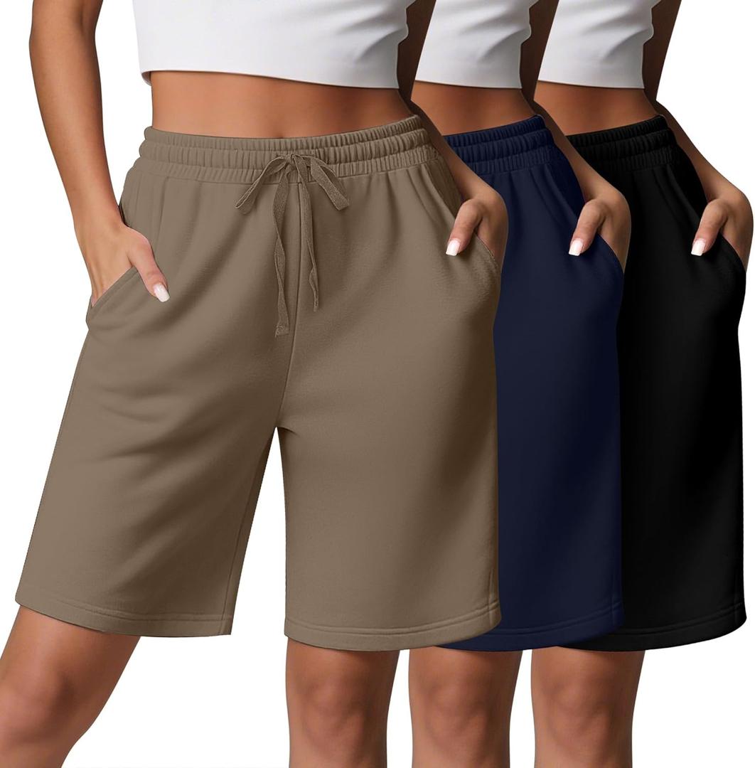 3 Pcs Women Quick Dry Shorts High Waisted Bermuda Shorts for Yoga Athletic Drawstring with Pocket (Small, Black, Navy Blue, Coffee)