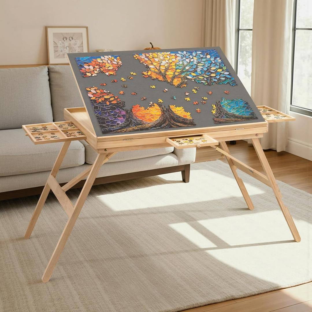 TEAKMAMA Puzzle Table 27.6" Tall 1500 Piece Puzzle Board with Drawers, 34.2" x 26.3" Adjustable 5-Tilting-Angle Jigsaw Table with Legs, Jigsaw Board for Adults, Nature, 1500pc