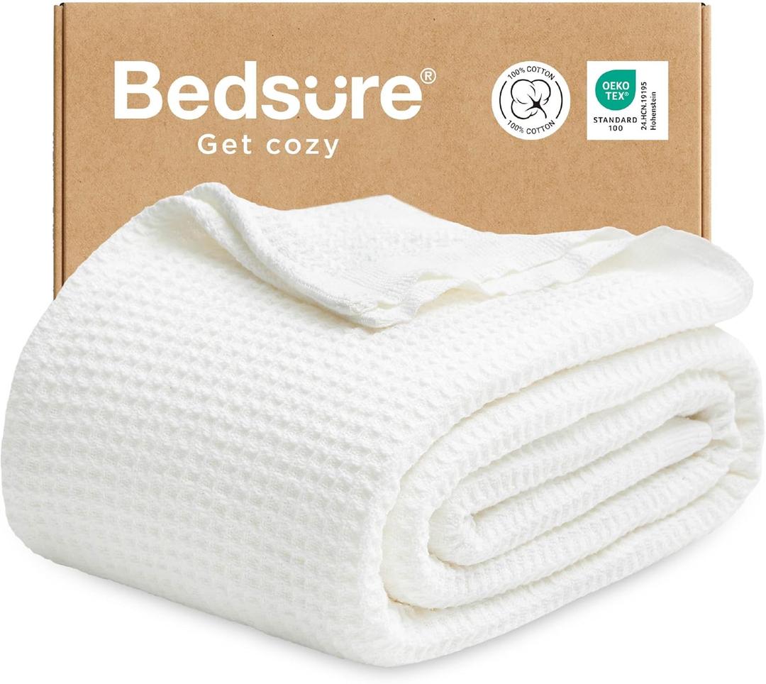 Bedsure Gentlesoft 100% Cotton Blanket Full Size for Bed - Cooling Breathable and Soft for Summer, Thick Cozy Waffle Weave Blanket Gifts for Women, White, 80x90 Inches