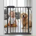 Fairy Baby Walk Through Black Baby Gate 29-34 Inch Wide for Stairs, Pressure Mounted Safety Gate with Door No Drill, Tension Metal Gate for Dog and Toddler