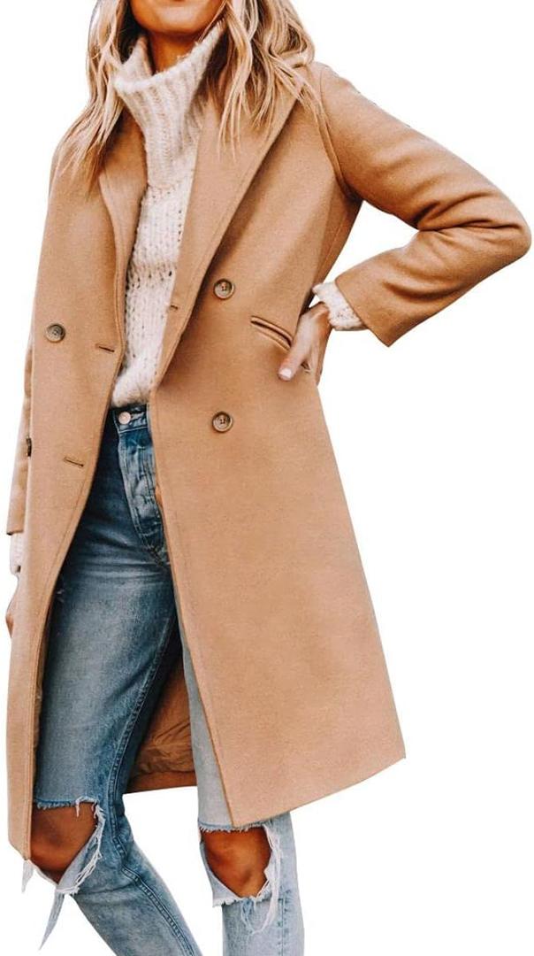 Yousify Women's Notched Lapel Collar Double Breasted Pea Coat Winter Wool Blend Over Coats Long Jackets (Small, 01 Camel)