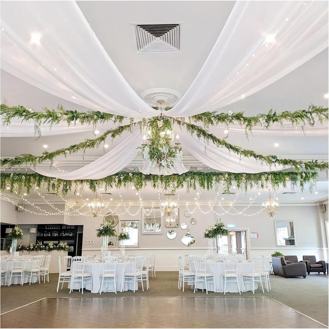 Draping Fabric with String Lights: 6 Panels 10ft Long White Chiffon Curtains - Ceiling Bedroom Home Decorations Drapery