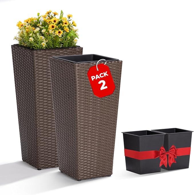 IDZO All Weather Wicker Planters for Outdoor Plants Set of 2, 24 inch Tall Planter for Front Porch, Patio, Balcony, Indoor Usage - Square Rattan Flower Pots, Mocha