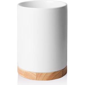 Sweejar Kitchen Utensil Holder with Wooden Bottom, 6.7" Ceramic Utensil Crock to Hold Spatulas for Cooking Countertop, Housewarming, Wedding, Birthday Gift (White)