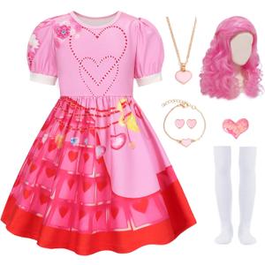 7 Pcs Pink Rise Costume for Girls Red Princess Dress with Wig (8-9 Years)
