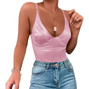 Velius Women's Sexy Metallic Shiny Bodysuit Tank Tops for Night Club Going Out (XX-Large, Pink)