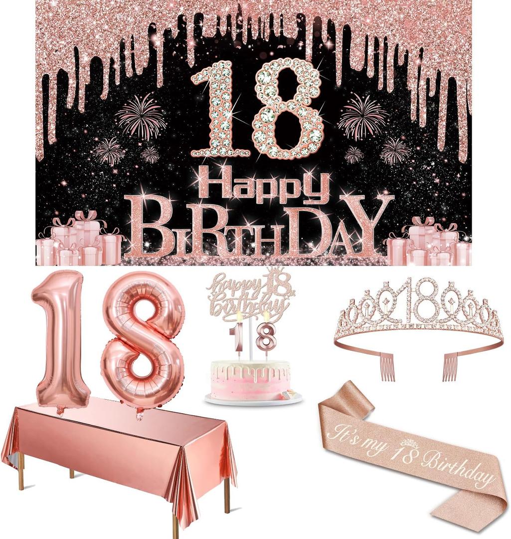 18th Birthday Decorations for Girls with Banner, Rose Gold Tablecloth, Number Balloons, 18th Birthday Sash and Tiara, Cake Topper and Candles